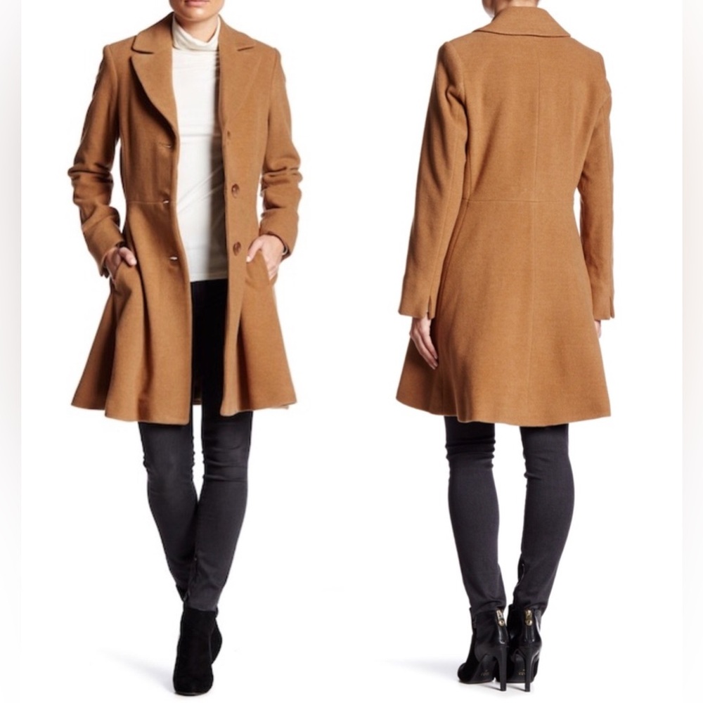 Trina Turk Paige Camel Tan Wool Flared Coat | 6